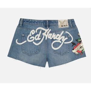 Ed Hardy Eternal Love Denim Short 26 Y2K Raw Hem